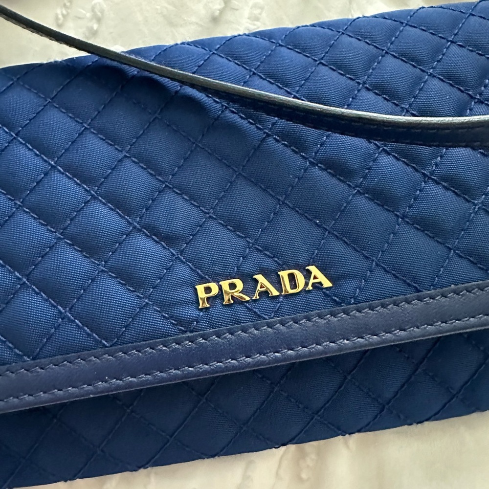 PRADA 1M1437 Quilted Nylon Leather Shoulder Bag Wallet Purse Blue - Picture 3 of 7